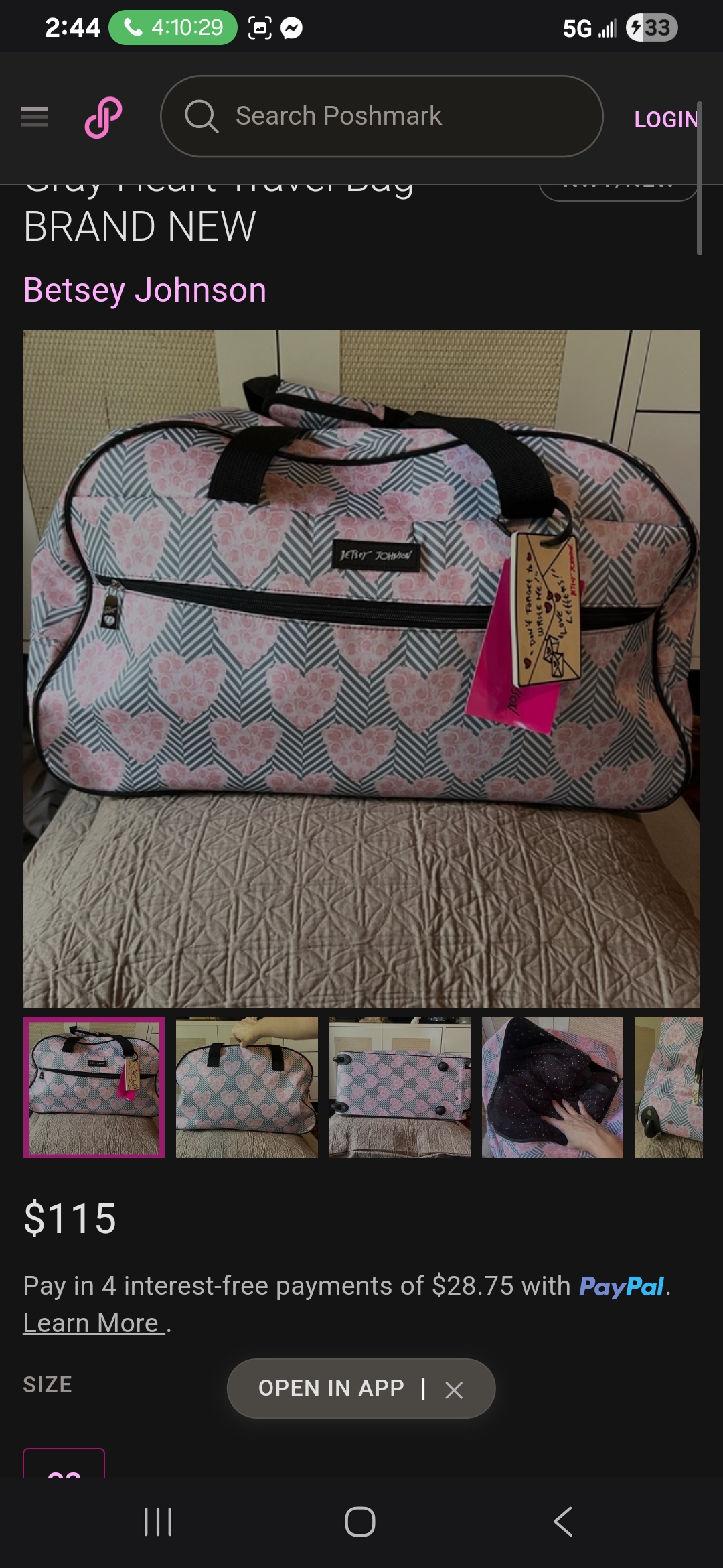 Rolling duffle bag (black, white, and pink with hearts and roses)