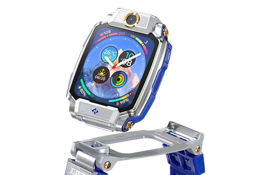 A smartwatch in blue and silver color